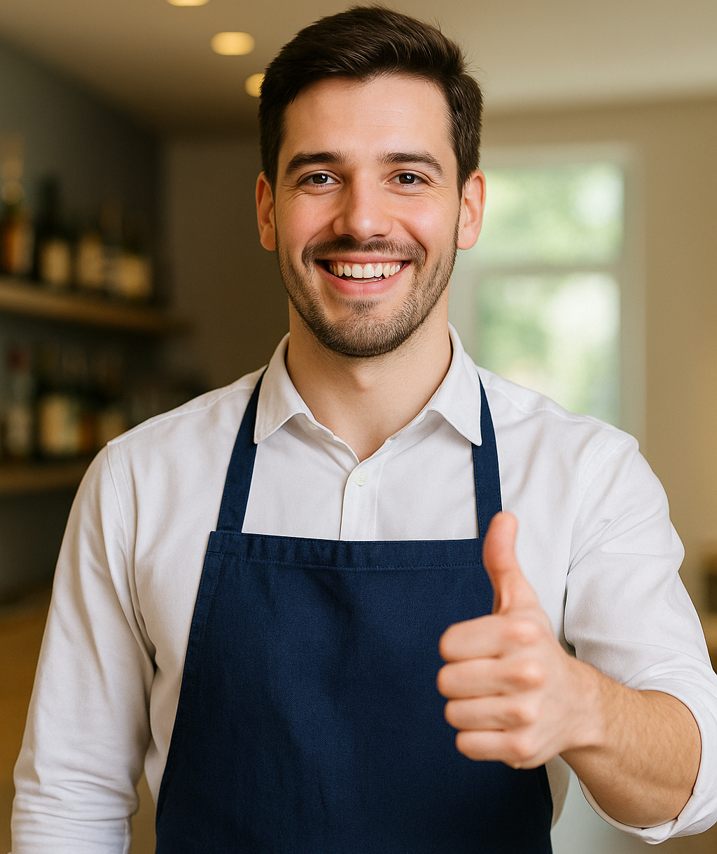 Freundlicher junger Mann mit dunkelblonden Haaren in weißem Hemd und dunkelblauer Schürze steht in einem Café und zeigt mit einem Lächeln den Daumen nach oben – Symbol für Teamgeist und positive Arbeitsatmosphäre.